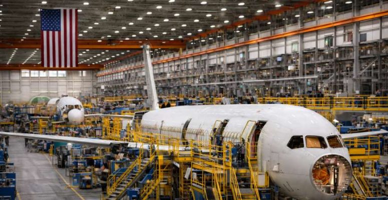 Fábrica de aeronaves com aviões em montagem nos EUA