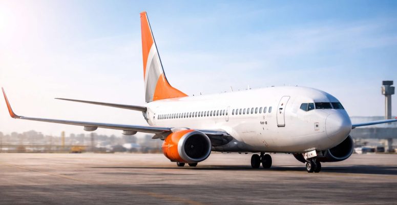 Avião comercial em voo com pintura branca e detalhes laranja, representando o setor de aviação brasileira.