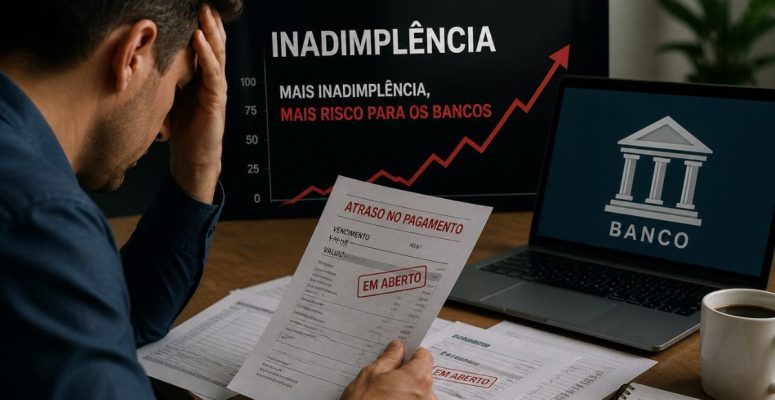 Imagem ilustrativa de cliente analisando contas e pagamentos, representando dificuldade financeira e inadimplência