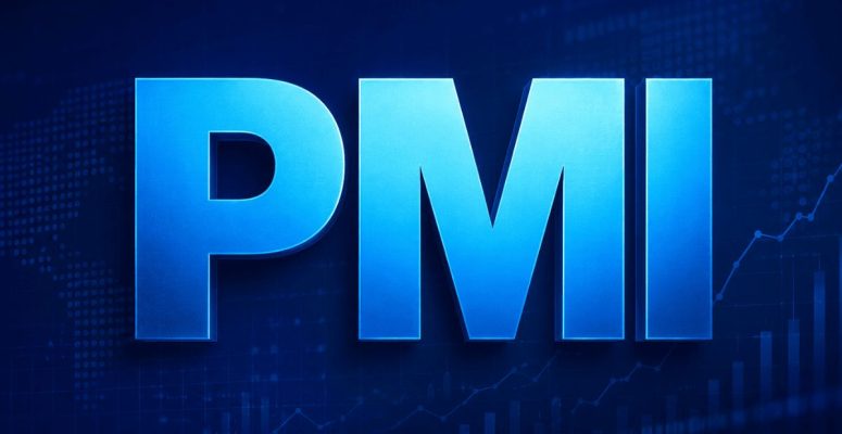 Imagem ilustrativa do PMI com fundo azul e gráficos econômicos representando crescimento do setor de serviços.