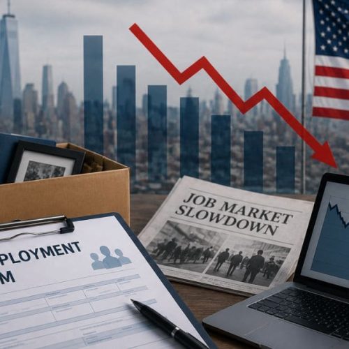 Pedidos iniciais de seguro-desemprego nos EUA com gráfico de queda, bandeira americana e ambiente econômico em destaque.