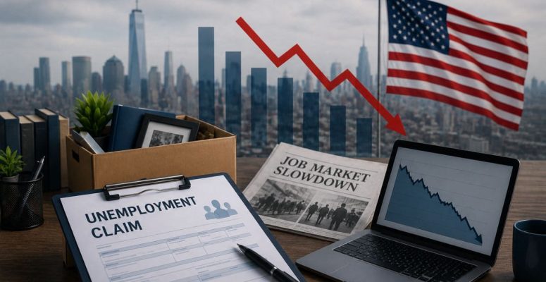 Pedidos iniciais de seguro-desemprego nos EUA com gráfico de queda, bandeira americana e ambiente econômico em destaque.