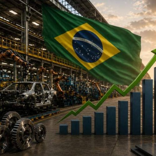 Cenário industrial brasileiro com fábricas, maquinário e gráfico de alta representando a Produção industrial no Brasil.