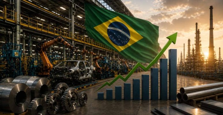 Cenário industrial brasileiro com fábricas, maquinário e gráfico de alta representando a Produção industrial no Brasil.