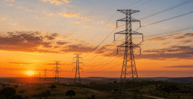 Rede de transmissão de energia elétrica com torres e linhas de alta tensão ao pôr do sol em área rural no Brasil.