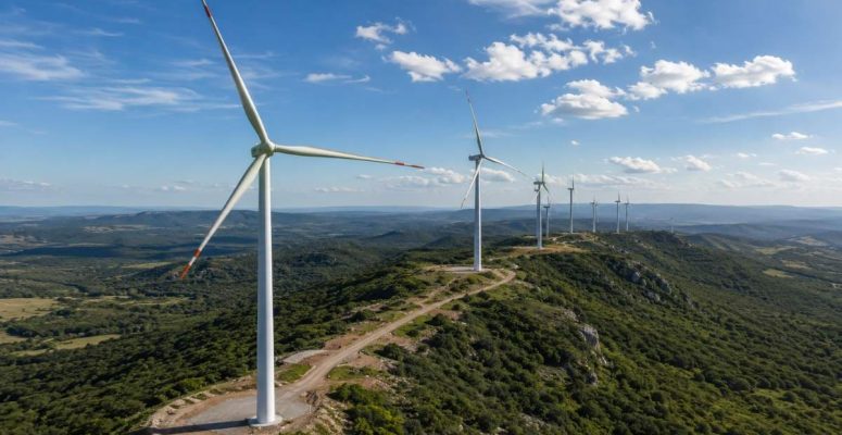 Parque eólico da Auren Energia com turbinas alinhadas sobre áreas montanhosas e vegetação verde, destacando a geração de energia renovável em larga escala sob céu aberto.