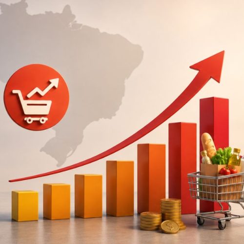 Ilustração sobre o IGP-DI mostrando inflação em alta no Brasil, com gráfico crescente, seta de alta e carrinho de compras simbolizando aumento dos preços na economia brasileira.