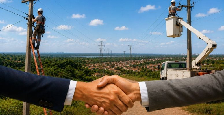 Funcionários trabalhando na rede elétrica enquanto um aperto de mãos simboliza a renovação das concessões da Equatorial no setor de distribuição de energia.”