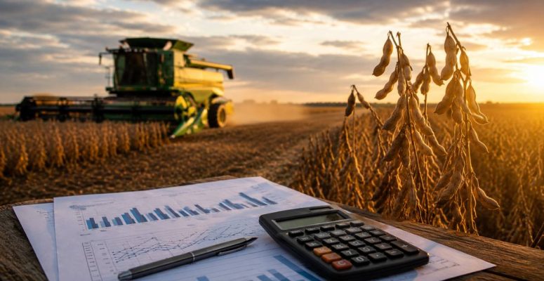 Banco do Brasil agro — plantação de soja ao pôr do sol com colheitadeira ao fundo e documentos financeiros sobre mesa, representando a crise no agronegócio e o impacto nos resultados do banco