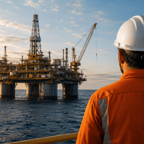 Funcionário observa plataforma offshore da Petrobras durante operação no mar em imagem corporativa do setor de petróleo e energia.
