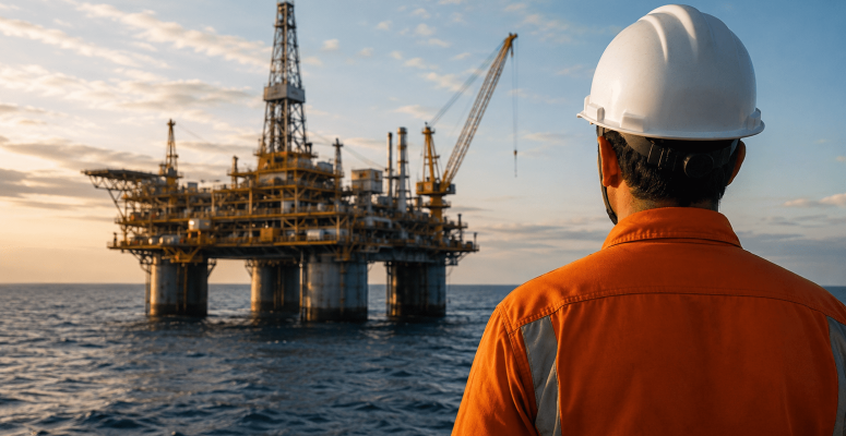 Funcionário observa plataforma offshore da Petrobras durante operação no mar em imagem corporativa do setor de petróleo e energia.