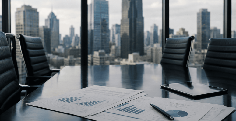 Executivos analisando relatórios financeiros em sala corporativa moderna durante movimentação acionária da Even (EVEN3), com documentos estratégicos sobre mesa e skyline urbano desfocado ao fundo.